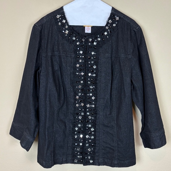 Ruby Rd Black Denim-Like Stretch Jacket with Rhinestone Ruffle Accents; Size 16W - Picture 1 of 13
